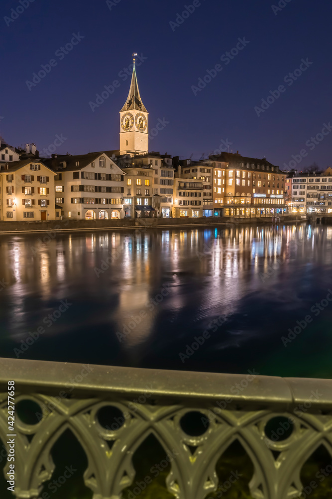 View of the swiss city Zurich reflecting on the Limmat river
