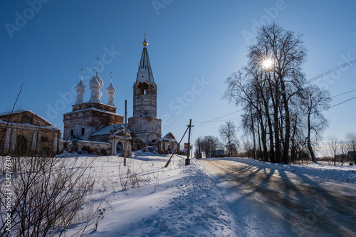 Pokrovskaya Church in the village of Dunilovo, Ivanovo region on a sunny winter day.