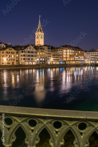 View of the swiss city Zurich reflecting on the Limmat river