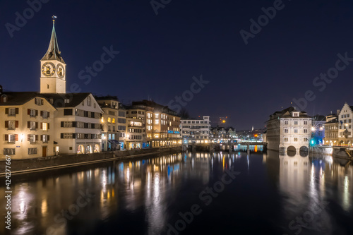 View of skyline of the swiss city Zurich and reflections on the Limmat river