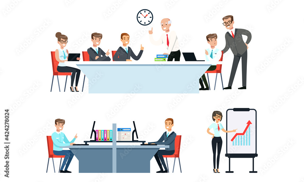 Business People Working in Office Set, Meeting, Brainstorming, Presentation, Office Employees Working at Computers Cartoon Vector Illustration Business People Working in Office Set, Meeting, Brainstorming, Presentation, Office Employees Working at Computers Cartoon Vector Illustration