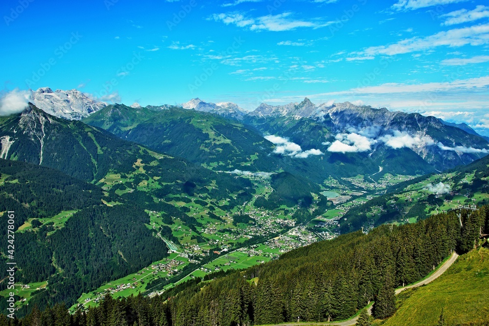 Austrian Alps-view on the peak Zimba and town Schruns in valley Montafon