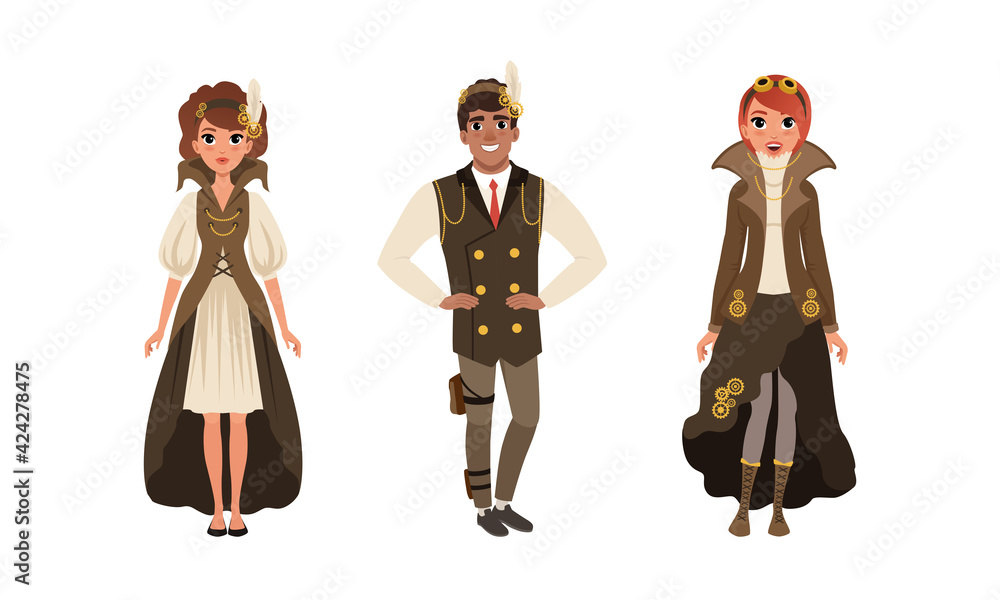Steampunk People Set,Young Man and Woman Wearing Retro Stylish Steampunk Style Suits and Goggles Cartoon Vector Illustration