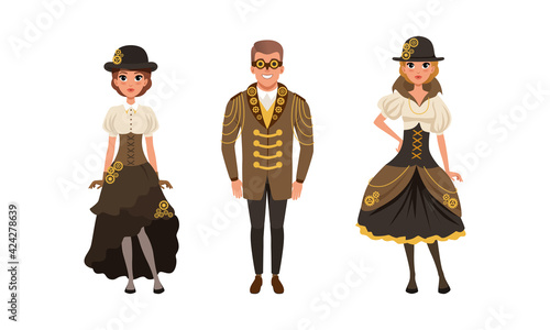 Set of Stylish People Wearing Retro Steampunk Outfit, Steampunk Party, Festival Concept Cartoon Vector Illustration