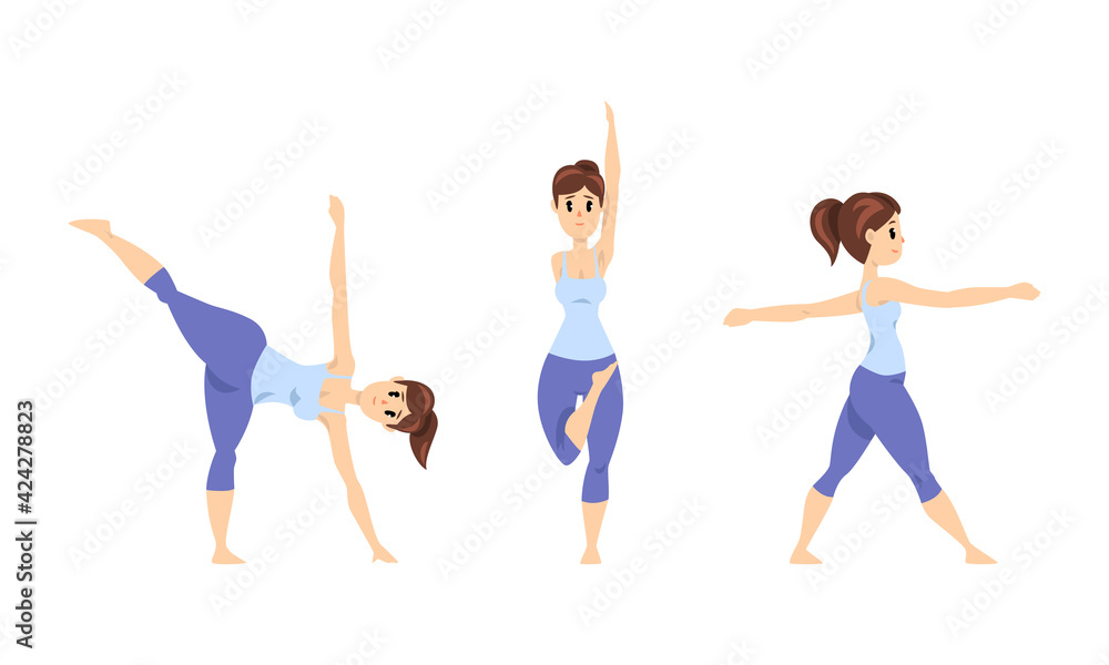 Young Woman Practicing Yoga Set, Girl Performing Different Yoga Poses, Healthy Lifestyle Concept Cartoon Vector Illustration