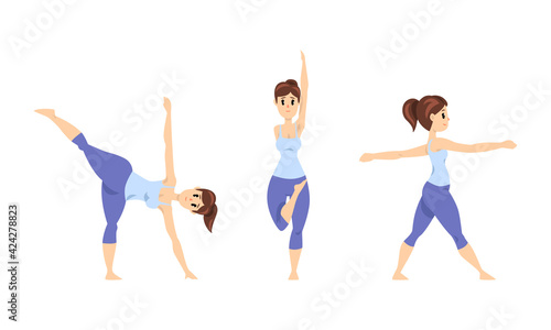 Young Woman Practicing Yoga Set  Girl Performing Different Yoga Poses  Healthy Lifestyle Concept Cartoon Vector Illustration
