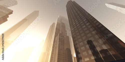 City at sunset  Skyscrapers at sunset  modern city at sunrise in the haze   3D rendering