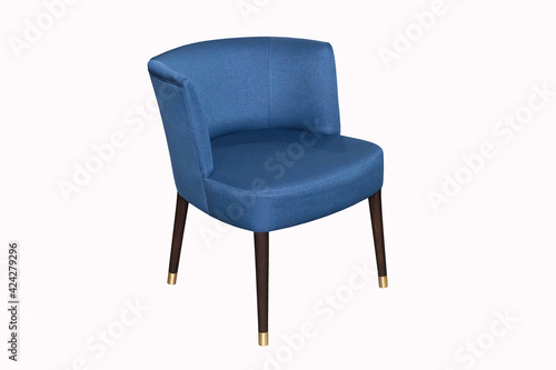 Comfortable blue armchair at 45 degrees on white background. Interior element