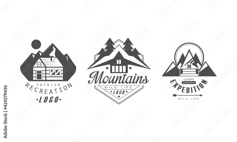 Recreation Premium Logo Design Templates Set, Mountain Expedition Monochrome Retro Badges Cartoon Vector Illustration