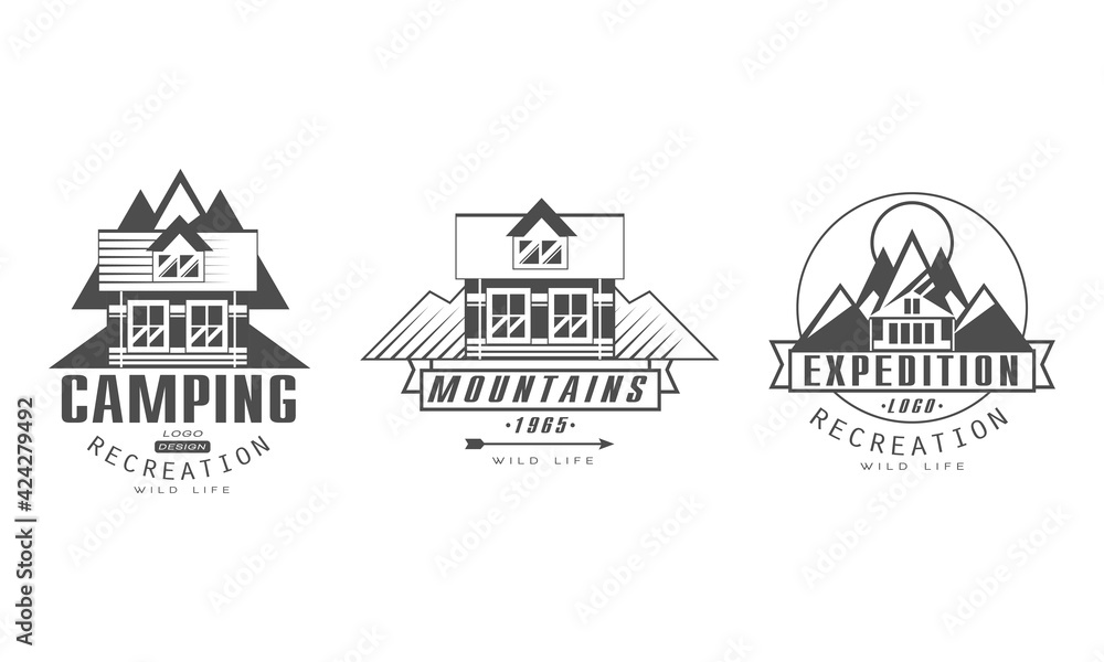 Camping Recreation Premium Logo Design Templates Set, Mountains Wild Life Monochrome Retro Badges Cartoon Vector Illustratio
