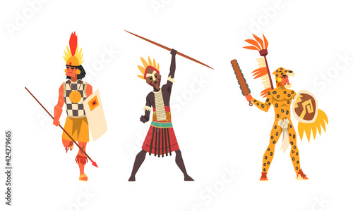 Set of Aboriginal or Indigenous Warriors, Men of Africa Dressed in Ethnic Clothes with Weapon, Representatives of African Tribes Cartoon Vector Illustration