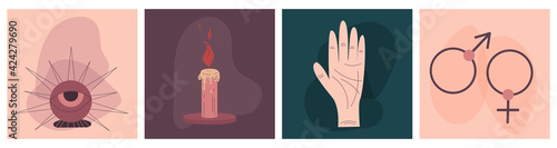 Modern boho palmistry cover for conceptual design. Flat abstract design. Minimal flat linear style. Magic astrology card, drawing a spiritual poster. Palmistry, hand candle ball of predictions.