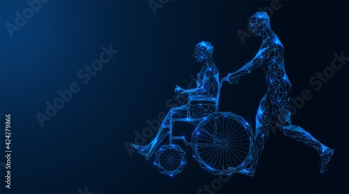 A person with disabilities in a wheelchair. Care and assistance to patients. Low-poly construction of interlocking lines and dots. Blue background.