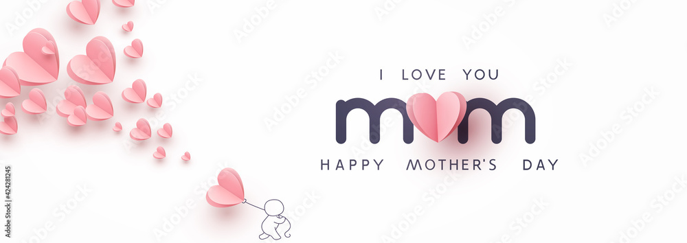 © Kindlena - Mother's day postcard with paper flying elements, man and balloon on white sky background. Vector symbols of love in shape of heart for greeting card design © Kindlena - Mother's day postcard with paper flying elements, man and balloon on white sky background. Vector symbols of love in shape of heart for greeting card design