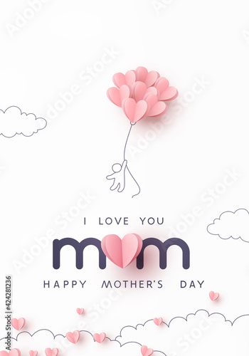 Mother's day postcard with paper flying elements, man and balloon on white sky background. Vector symbols of love in shape of heart for greeting card design