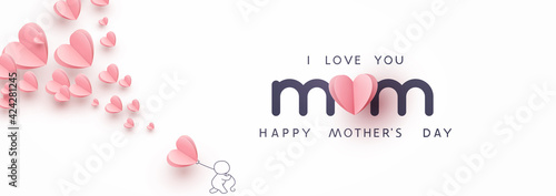 Mother's day postcard with paper flying elements, man and balloon on white sky background. Vector symbols of love in shape of heart for greeting card design