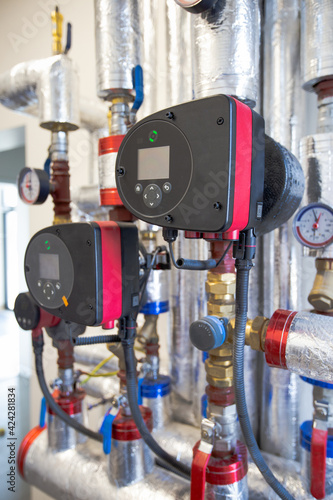 Heat pump, Water meter. Modern water connections.