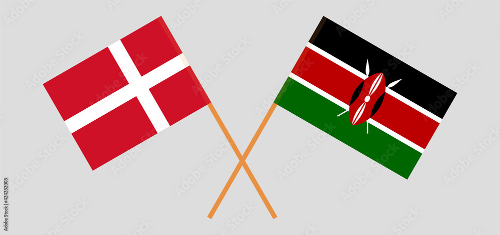 Crossed flags of Denmark and Kenya. Official colors. Correct proportion
