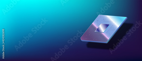 Futuristic microchip processor with lights on the blue background. Quantum computer, large data processing, database concept. CPU isometric banner. Central Computer Processors CPU concept.Digital chip