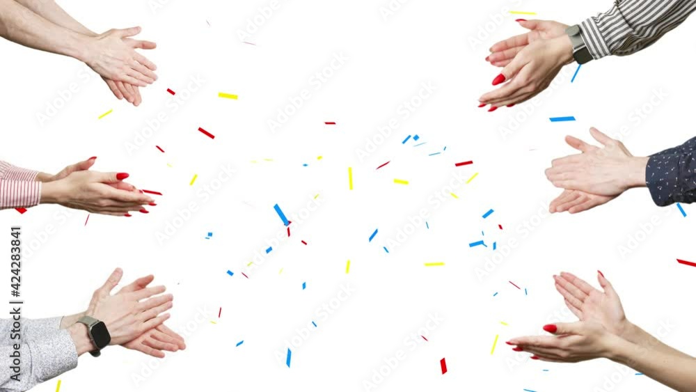 A hands are clapping at white background. A hands are applauding with a confetti in flight. Concept of victory and award. Copy text space. Concept of subscrabers or followers