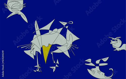 Vector colorful line art illustration. Geometric illusion of unreal living creatures in the sky. Abstract modern cubist cartoon background art of opposite colors. 
