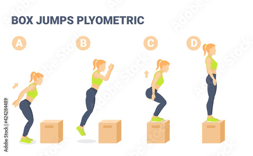 Box Jumps Female Home Workout Exercise Guidance Colorful Concept. Young woman posing in sportswear.