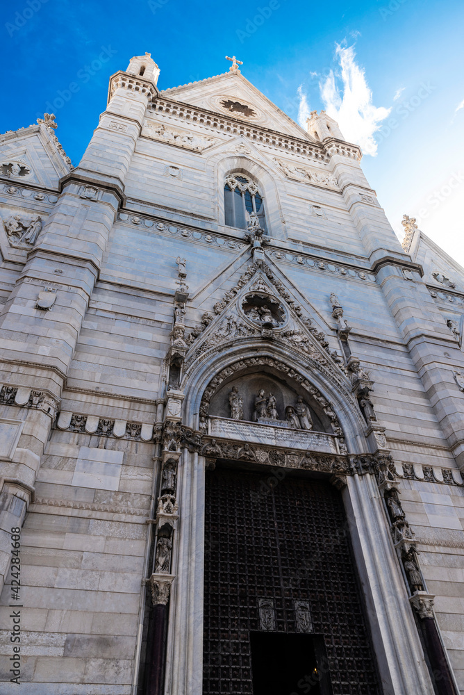 Facade of the Naples Cathedral in Naples, Italy