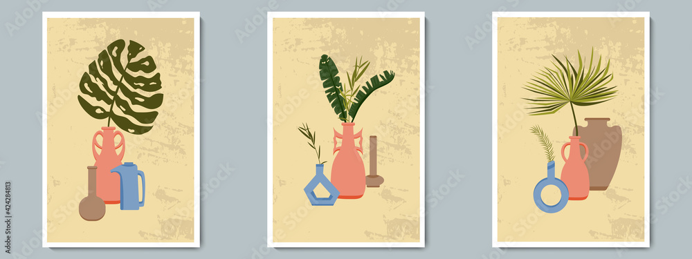 Hand Draw Pottery Vase Poster Set with Tropical Plants. Trendy Collage for Decoration in Greek Style.