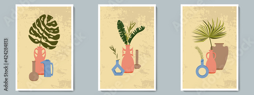 Hand Draw Pottery Vase Poster Set with Tropical Plants. Trendy Collage for Decoration in Greek Style.