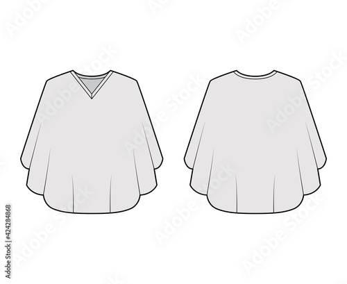 Poncho coat technical fashion illustration with V-neck collar, oversized trapeze body, fingertip length. Flat jacket template front, back, grey color style. Women, men, unisex top CAD mockup