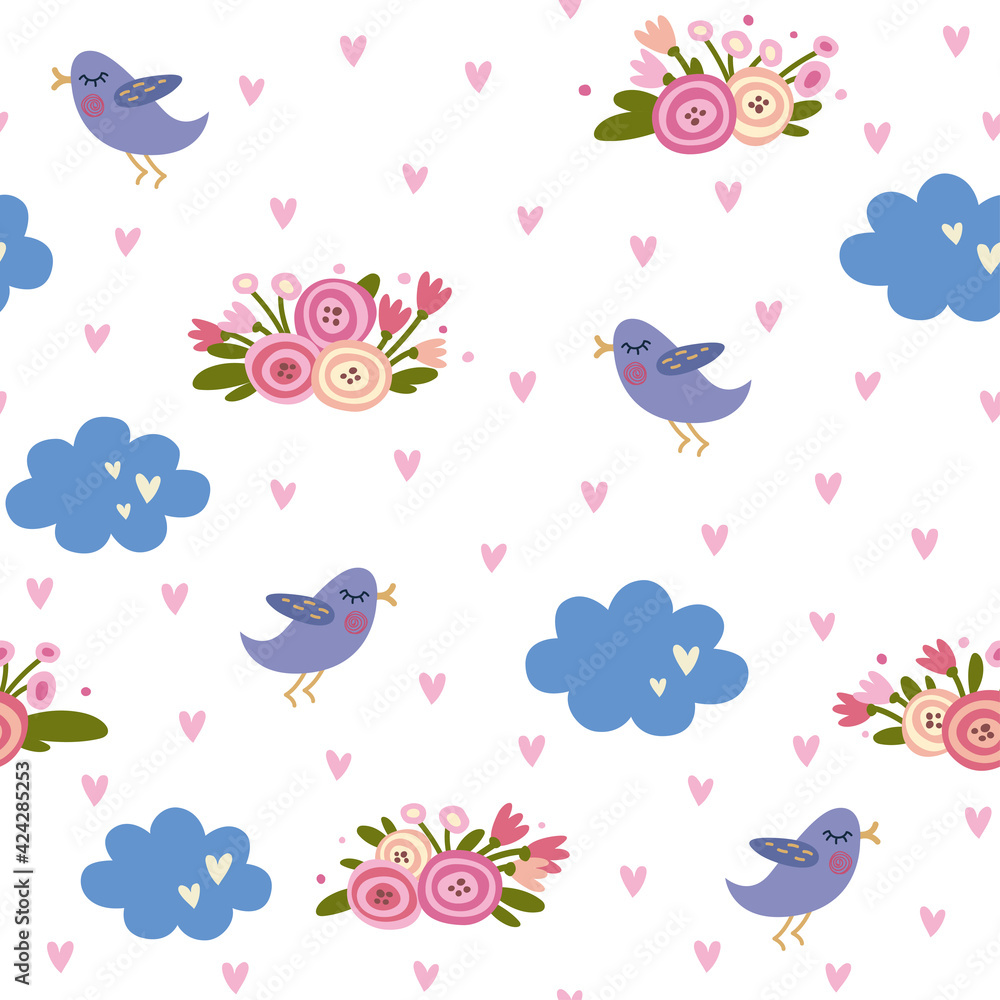 Seamless pattern with blooming flower beds, birds and clouds. Spring pattern.