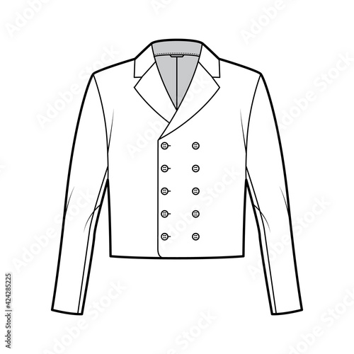 Monkey jacket technical fashion illustration with double breasted, long sleeves, notched collar, waist length. Flat coat template front, white color style. Women, men, unisex top CAD mockup