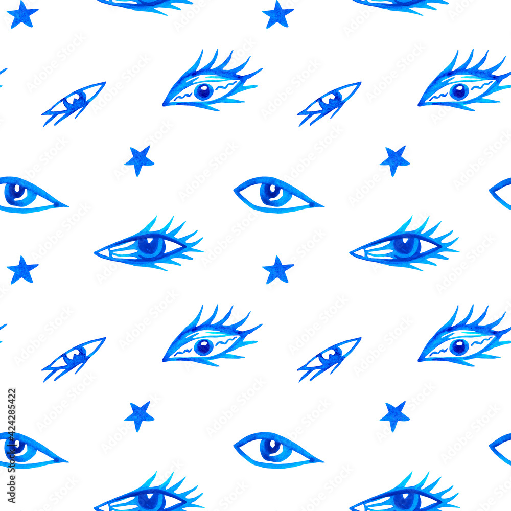 Magic pattern with blue eyes and stars on white background. Azure seamless witchcraft texture for Greek, Turkish amulets from evil eye. Watercolor ultramarine ornament for occult talismans by whammy. Magic pattern with blue eyes and stars on white background. Azure seamless witchcraft texture for Greek, Turkish amulets from evil eye. Watercolor ultramarine ornament for occult talismans by whammy.