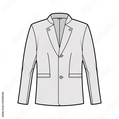 Tyrolean jacket tuxedo technical fashion illustration with long sleeves, stand lapel collar, welt pockets. Flat Austrian coat template front, grey color style. Women, men, unisex top CAD mockup