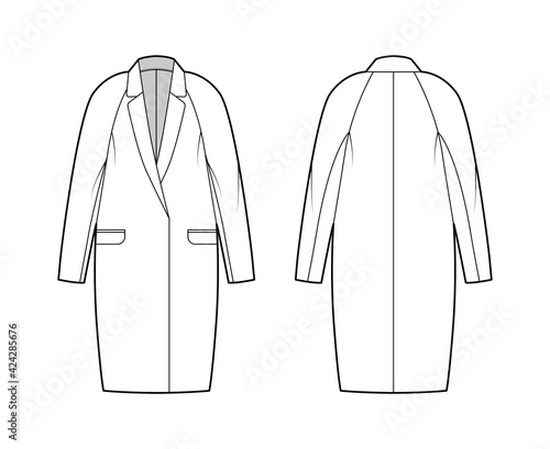 Cocoon jacket technical fashion illustration with notched lapel collar, oversized, long raglan sleeves, hide opening. Flat coat template front, back white color style. Women, men unisex top CAD mockup