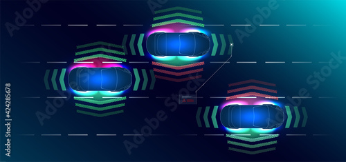 Car interface in HUD, GUI, UI style. Automotive sensing system concept. Autonomous car. Driver assistant system. Car top view with electronic digital interface, parameters and options, scans the road