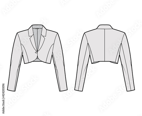 Bolero jacket technical fashion illustration with crop waist length, long sleeves, notched collar, button closure. Flat blazer template front, back, grey color style. Women, men, unisex top CAD mockup