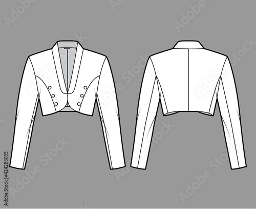 Bolero jacket technical fashion illustration with crop waist length, long sleeves, shawl collar, button closure. Flat blazer template front, back, white color style. Women, men, unisex top CAD mockup