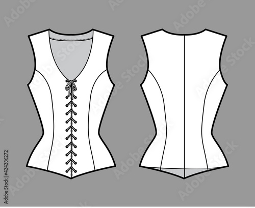 Bodice vest waistcoat technical fashion illustration with sleeveless, V-neck, lacing front closure, fitted body. Flat template back, white, grey color style. Women, men, unisex top CAD mockup