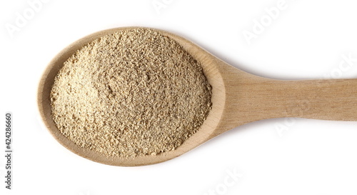 Shiitake Mushroom Powder (Sh), pile in wooden spoon isolated on white background