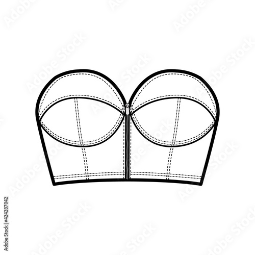 Denim bustier top technical fashion illustration with zip-up closure, cups strapless , slim fit, crop length. Flat bra template front, white color style. Women, men, unisex CAD mockup