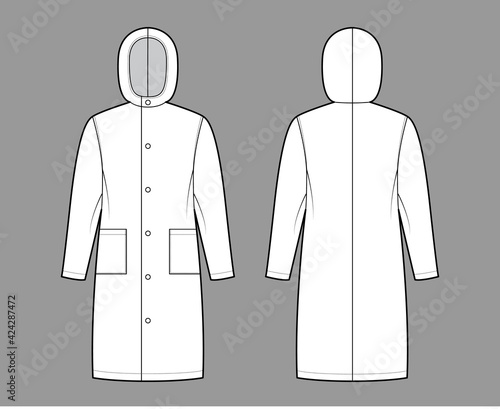 Slicker coat Sou'wester technical fashion illustration with hood, long sleeves, patch pockets, oversized body, knee length. Flat jacket template front, back, white color. Women, men, unisex CAD mockup