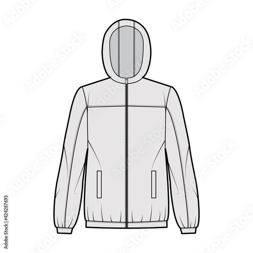 Windbreaker jacket technical fashion illustration with hood, oversized, long sleeves, welt pockets, zip-up opening. Flat coat template front, grey color style. Women, men, unisex top CAD mockup