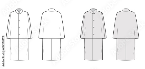 Inverness coat cape technical fashion illustration with long sleeves, round lapel collar, midi length. Flat jacket template front, back, white, grey color style. Women, men, unisex top CAD mockup