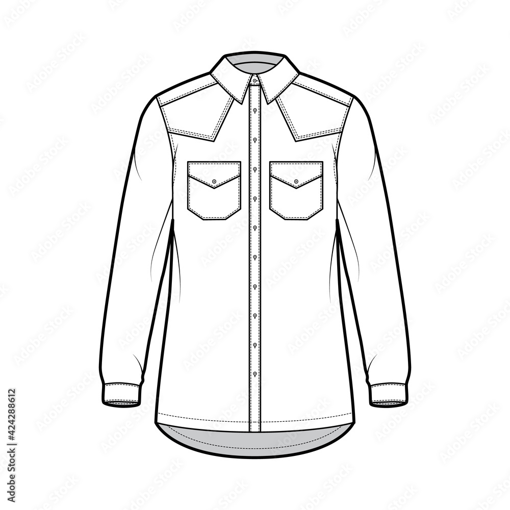 Denim shirt jacket technical fashion illustration with oversized body, flap pockets, button closure, classic collar, long sleeves. Flat apparel front, white color style. Women, men unisex CAD mockup Denim shirt jacket technical fashion illustration with oversized body, flap pockets, button closure, classic collar, long sleeves. Flat apparel front, white color style. Women, men unisex CAD mockup