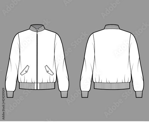 Zip-up Bomber ma-1 flight jacket technical fashion illustration with Rib baseball collar, cuffs, waistband , oversized, long sleeves. Flat coat template front, back white color. Women men CAD mockup