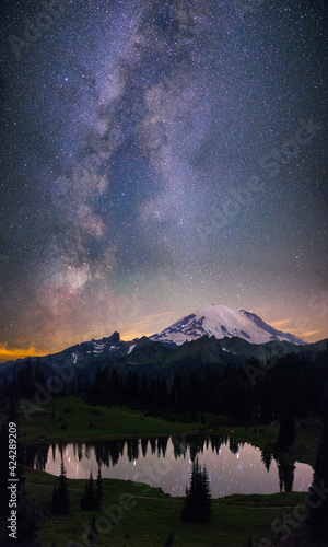 Mt Rainier Milky way Vertical Panorama night astrophotography tipsoo lake pierce county naches peak loop photo