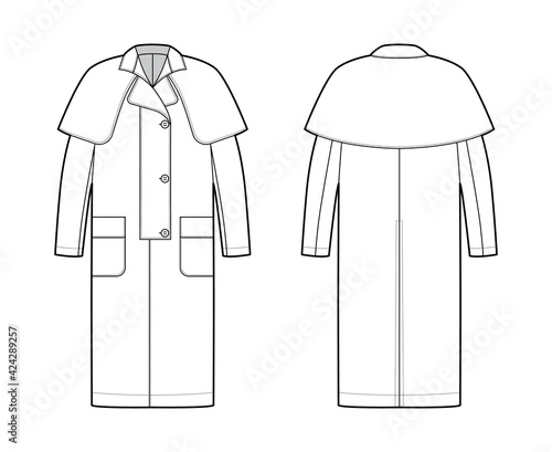 Duster coat technical fashion illustration with long sleeves, napoleon collar, oversized body, midi length, cape. Flat jacket template front, back, white color style. Women, men, unisex top CAD mockup