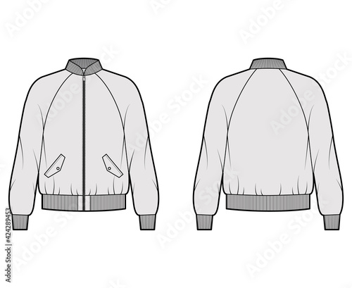 Zip-up Bomber ma-1 flight jacket technical fashion illustration with Rib baseball collar, cuffs, waistband, flap pockets. Flat coat template front, back grey color. Women men unisex top CAD mockup