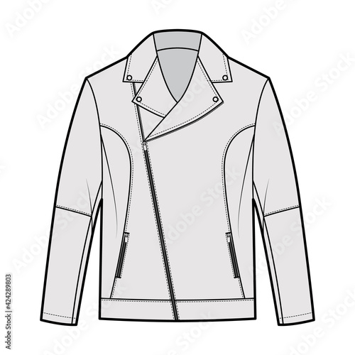 Zip-up biker jacket technical fashion illustration with asymmetrical zip front fold-over lapels collar, welt pockets, moto details. Flat coat template grey color style. Women men unisex top CAD mockup